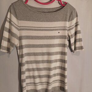 Tommy Hilfiger Ladies Size Medium Grey & White Stripe Short Sleeve T-shirt